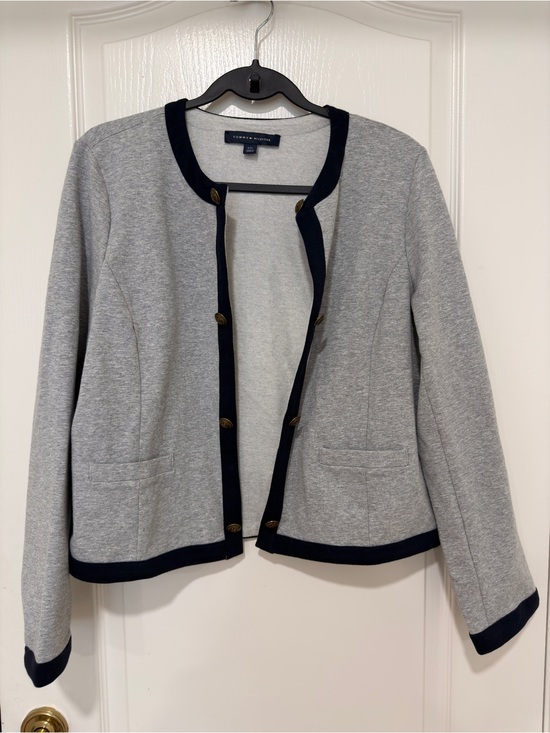Tommy Hilfiger Sweaters - Tommy Hilfiger Open Front Cardigan Jacket Large Gray Navy Trim Gold Button